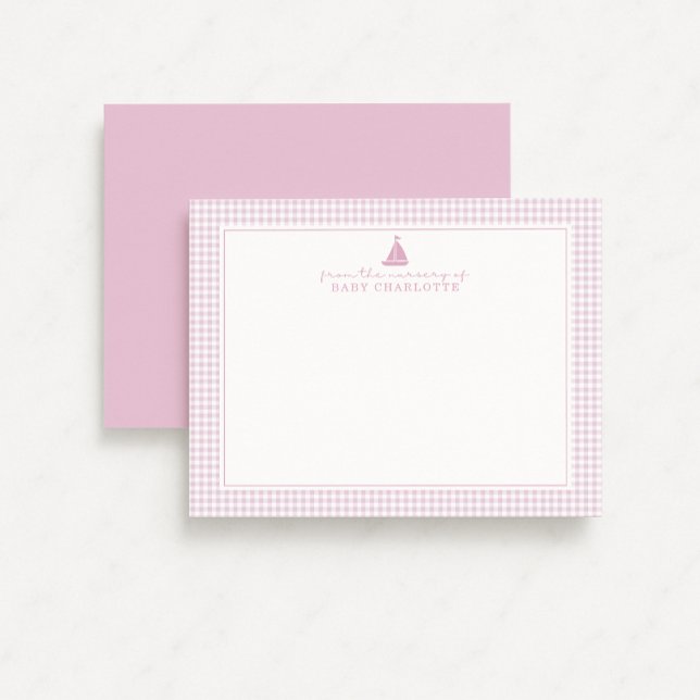 Pink Gingham Sailboat Nursery Note Card (Creator Uploaded)