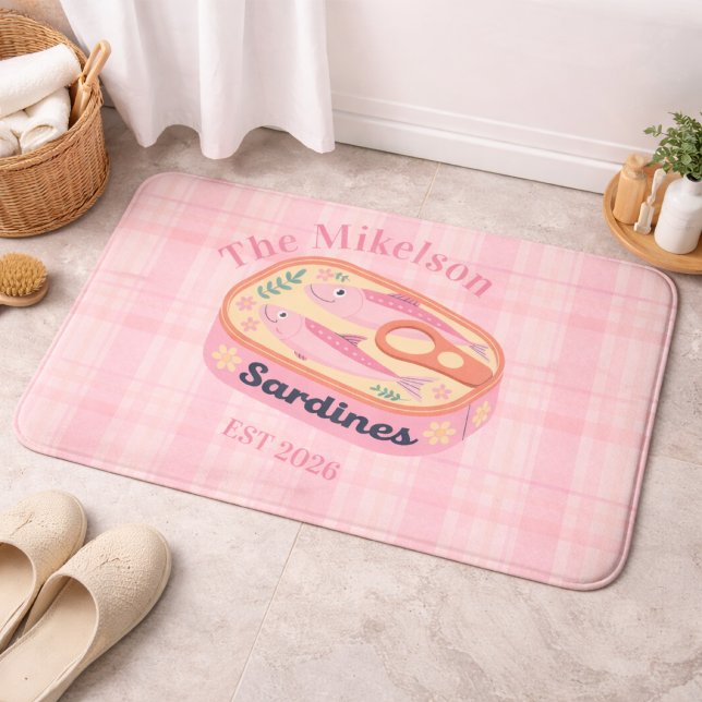 Pink Gingham Sardines Custom Family Name Bath Mat (Creator Uploaded)