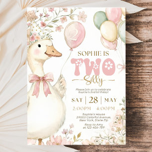 Pink Gingham Silly Goose 2nd Birthday Invitation 