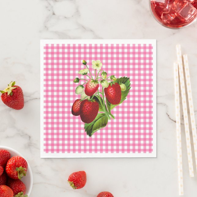 Pink Gingham & Strawberries Lunch Paper Napkin (Insitu)