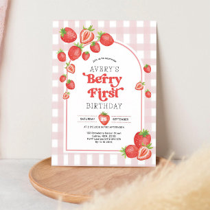 Pink Gingham Strawberry 1st Birthday Invitation