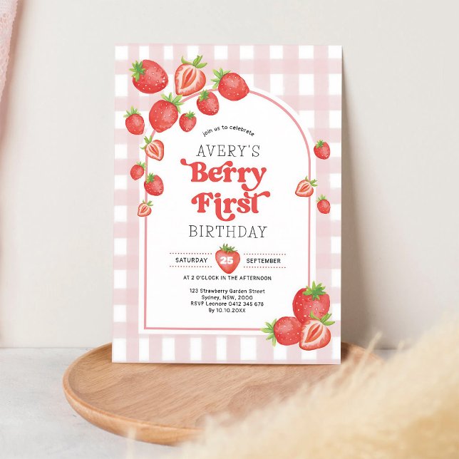 Pink Gingham Strawberry 1st Birthday Invitation (Creator Uploaded)