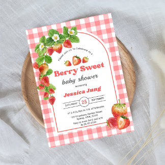 Pink Gingham Strawberry Baby Shower Party Invitation