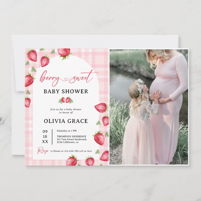 Pink Gingham Strawberry Baby Shower Party Photo Invitation (Front)