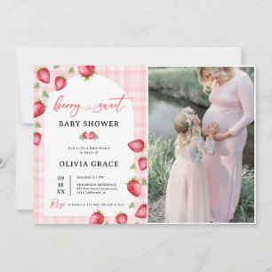 Pink Gingham Strawberry Baby Shower Party Photo Invitation
