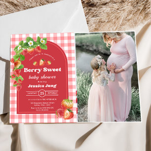 Pink Gingham Strawberry Baby Shower Party Photo  Invitation