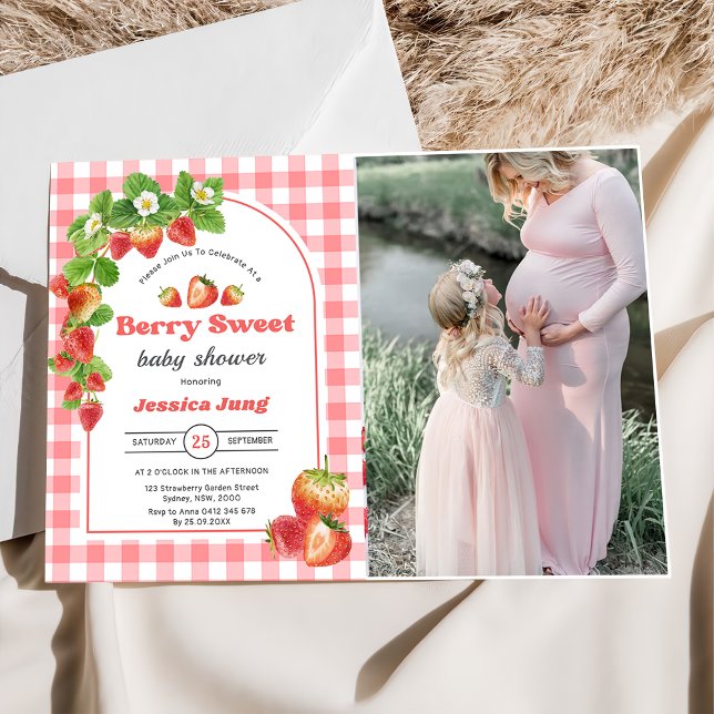 Pink Gingham Strawberry Baby Shower Photo  Invitation (Creator Uploaded)
