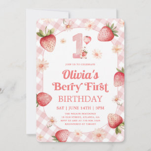 Pink Gingham Strawberry Berry 1st Birthday  Invitation