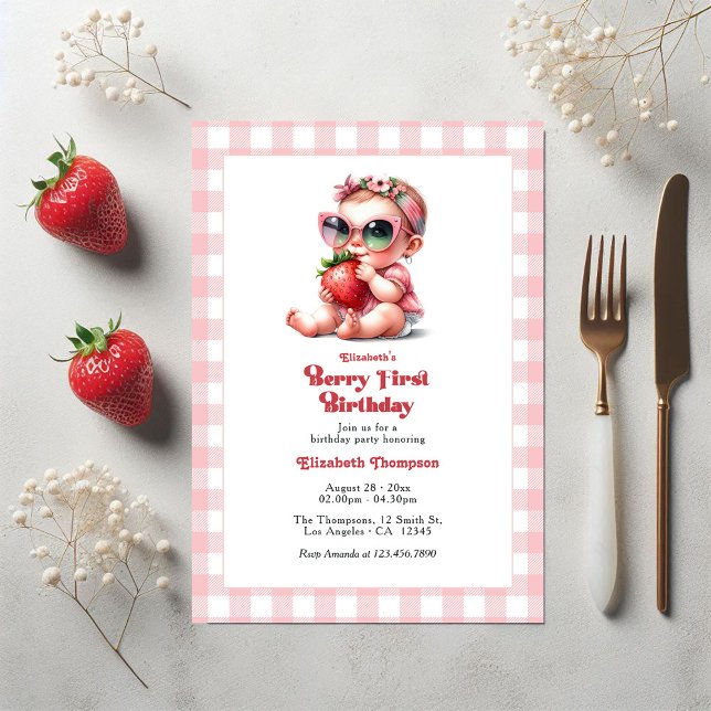 Pink Gingham & Strawberry Berry 1st Birthday Party Invitation (Pink Gingham & Strawberry Berry 1st Birthday Party Invitation)