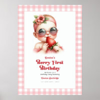 Pink Gingham Strawberry Berry 1st Birthday Welcome