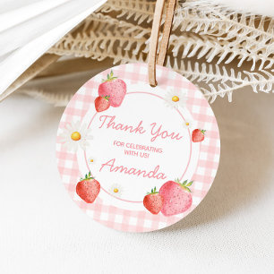 Pink Gingham Strawberry Berry Birthday Party Round Favour Tags