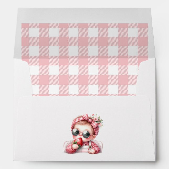 Pink Gingham & Strawberry Berry First Birthday Envelope (Back (Bottom))