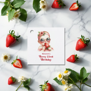 Pink Gingham & Strawberry Berry First Birthday Favour Tags
