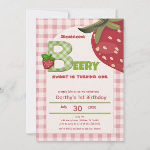 Pink Gingham Strawberry Berry First Birthday  Invi Invitation