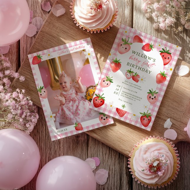 Pink Gingham Strawberry Berry First Birthday Invitation (Pink Gingham Strawberry Berry First Birthday Invitation)