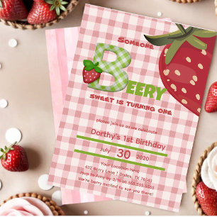 Pink Gingham Strawberry Berry First Birthday Invitation