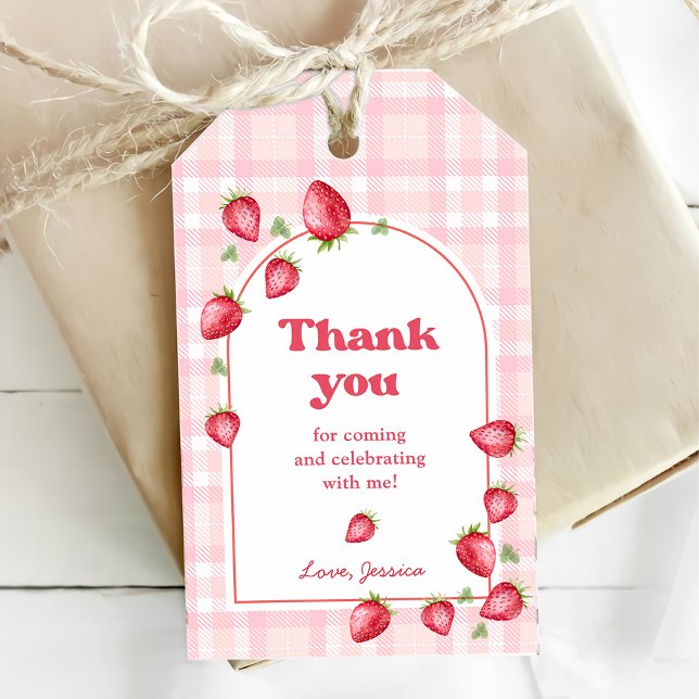 Pink Gingham Strawberry Birthday Gift Tags (Creator Uploaded)