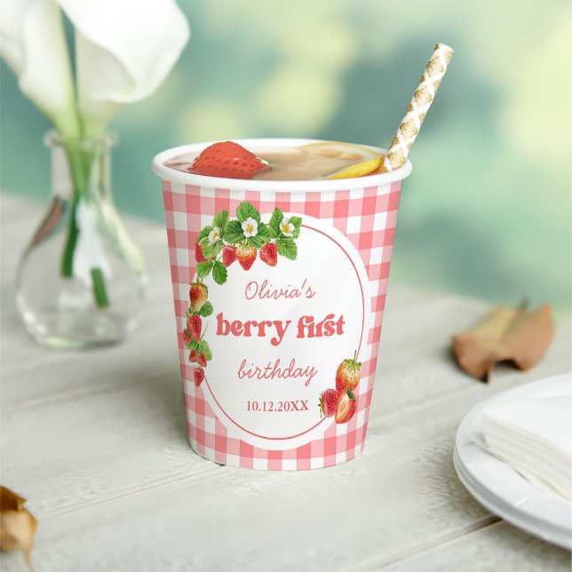 Pink Gingham Strawberry Birthday Paper Cups (Creator Uploaded)