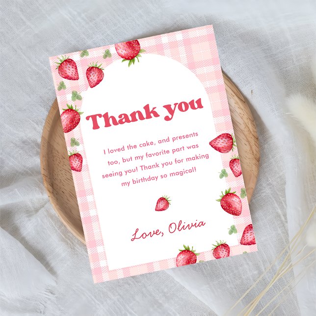 Pink Gingham Strawberry Birthday Thank You Card (Creator Uploaded)