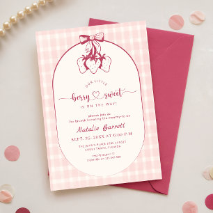 Pink Gingham Strawberry Bow Baby Shower Invitation