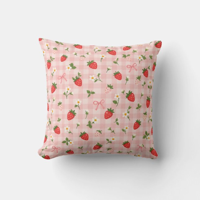 Pink Gingham Strawberry Daisy Bow Pattern Cushion (Front)