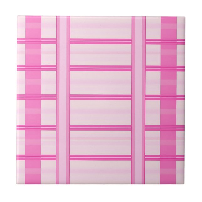 Pink Gingham Stripe Check Pattern Tile (Front)