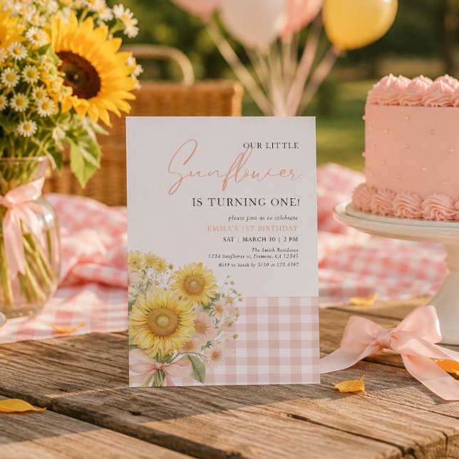 Pink Gingham Sunflower 1st Birthday  Invitation (Creator Uploaded)