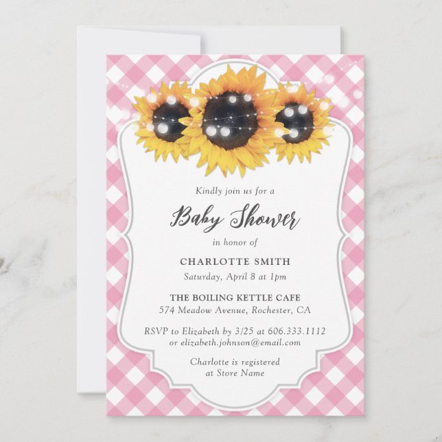 Pink Gingham Sunflower Baby Shower Invitation (Front)