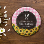 Pink Gingham & Sunflowers Rustic Baby-Q Shower Paper Plate<br><div class="desc">Rustic pink gingham bbq baby shower paper plates with printed wood grain,  yellow sunflowers,  and crossed grill utensils framing your initial.</div>