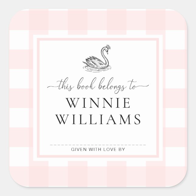 Pink Gingham Swan Bookplate Sticker (Front)