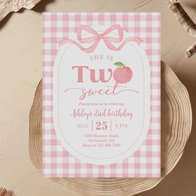 Pink Gingham Sweet Peach 2nd Birthday Invitation (Creator Uploaded)