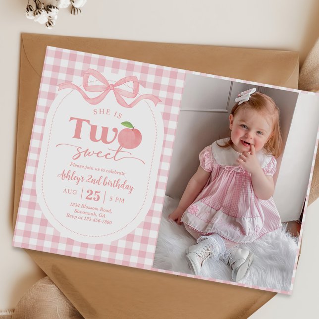 Pink Gingham Sweet Peach 2nd Birthday Photo Invitation (Creator Uploaded)