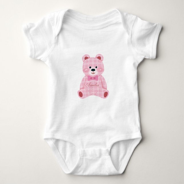 Pink Gingham Teddy Baby Bodysuit (Front)