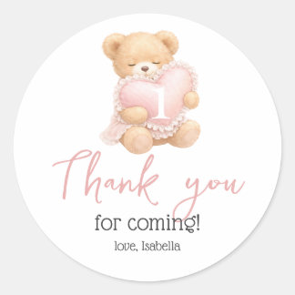 Pink Gingham Teddy Bear 1st Birthday Classic Round Sticker