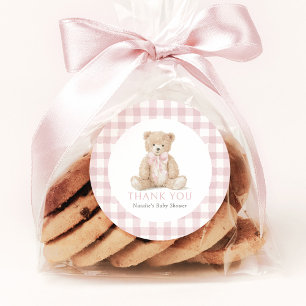 Pink Gingham Teddy Bear Baby Shower Classic Round Sticker