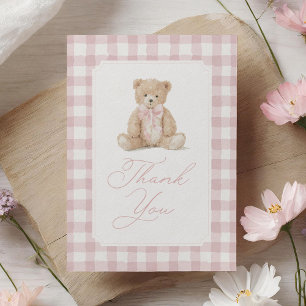 Pink Gingham Teddy Bear Baby Shower Thank You Card