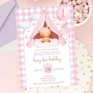 Pink Gingham Teddy Bear Balloon Girl 1st Birthday Invitation