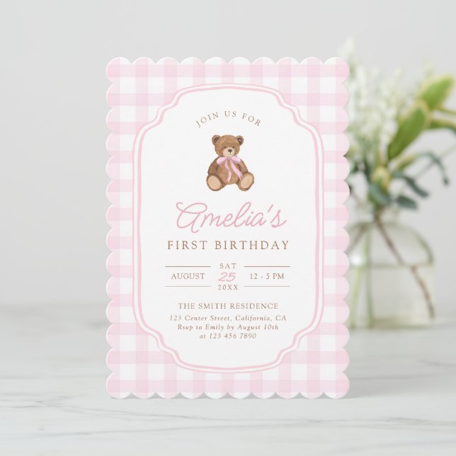Pink Gingham Teddy Bear Beary First Birthday Invitation (Standing Front)