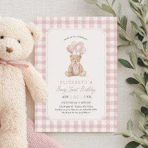 Pink Gingham Teddy Bear Beary First Birthday Invitation