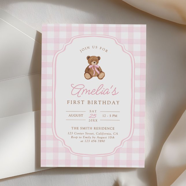 Pink Gingham Teddy Bear Beary First Birthday Invitation (Creator Uploaded)