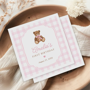 Pink Gingham Teddy Bear Beary First Birthday Napkin