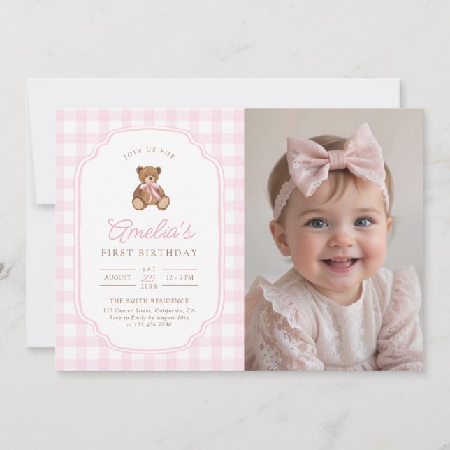 Pink Gingham Teddy Bear Beary First Birthday Photo Invitation (Front)