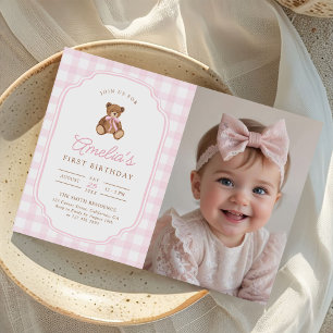 Pink Gingham Teddy Bear Beary First Birthday Photo Invitation