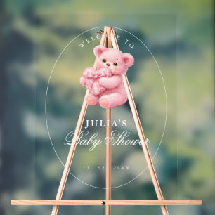 Pink Gingham Teddy Bear Neutral Baby Shower Acrylic Sign