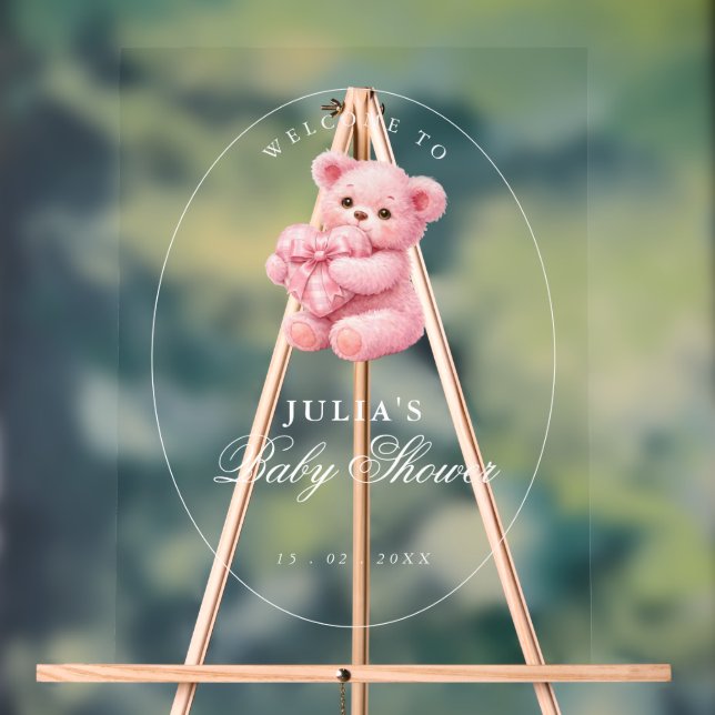 Pink Gingham Teddy Bear Neutral Baby Shower Acrylic Sign (Neutral)