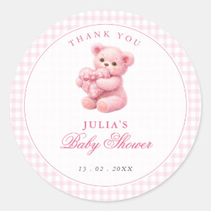 Pink Gingham Teddy Bear Neutral Baby Shower Classic Round Sticker