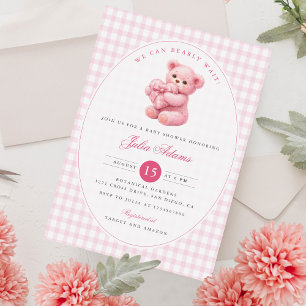 Pink Gingham Teddy Bear Neutral Baby Shower Invitation