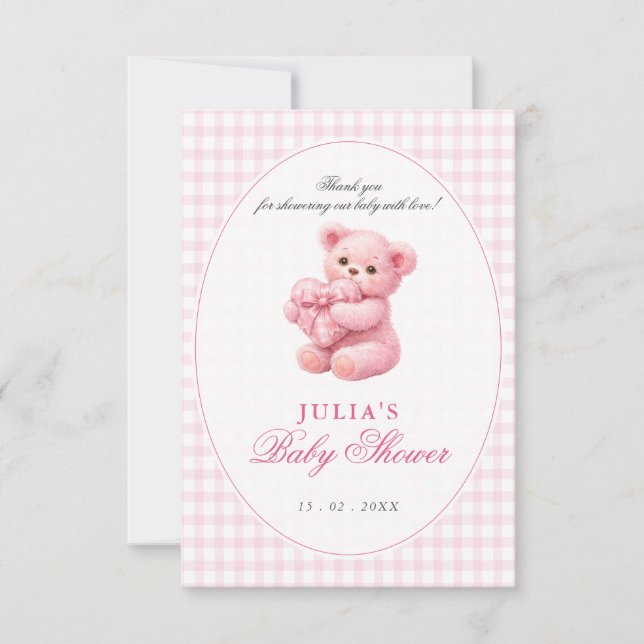 Pink Gingham Teddy Bear Neutral Baby Shower Invitation (Front)
