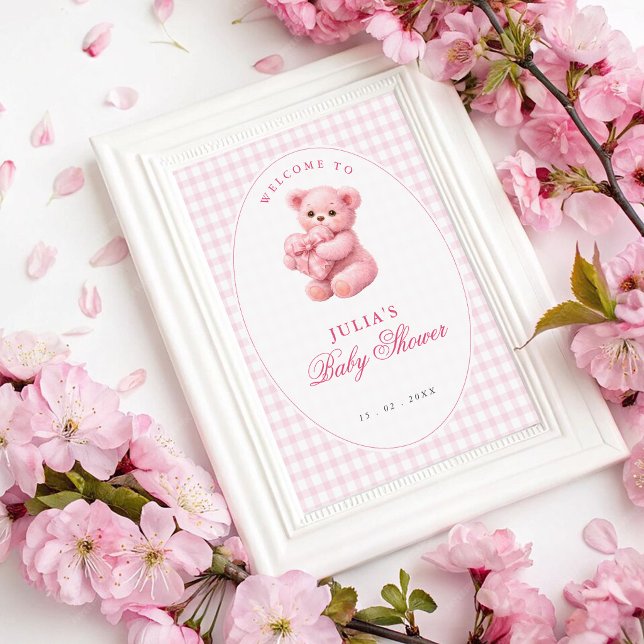 Pink Gingham Teddy Bear Neutral Baby Shower Poster (Creator Uploaded)