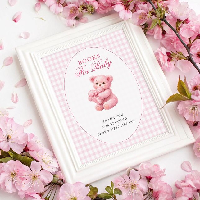 Pink Gingham Teddy Bear Neutral Baby Shower Poster (Creator Uploaded)